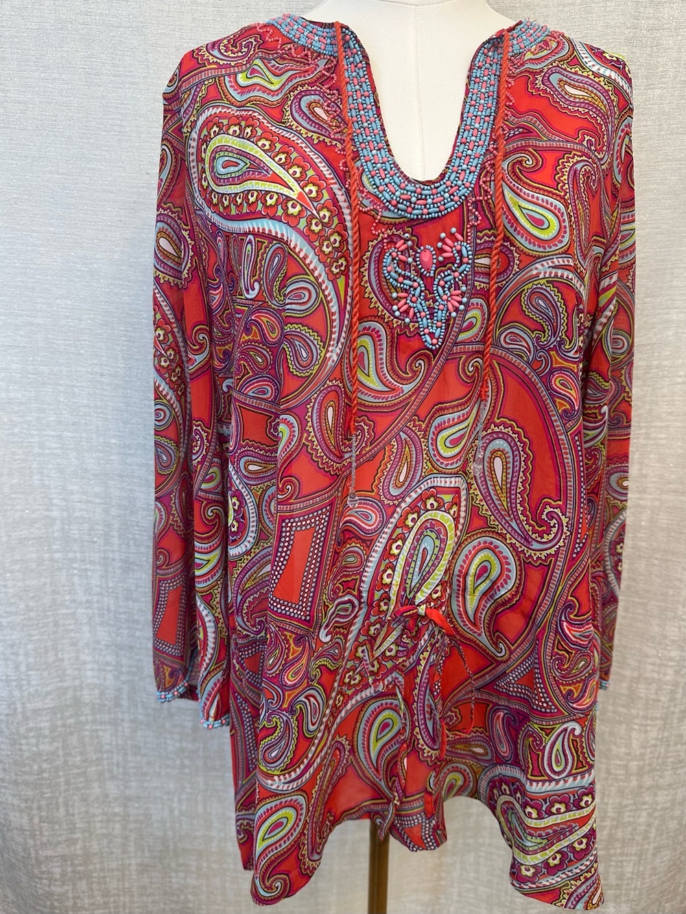 Antonio Melani Vibrant Boho, Paisley, Beaded, Cinched waist & tassle roped Tunic